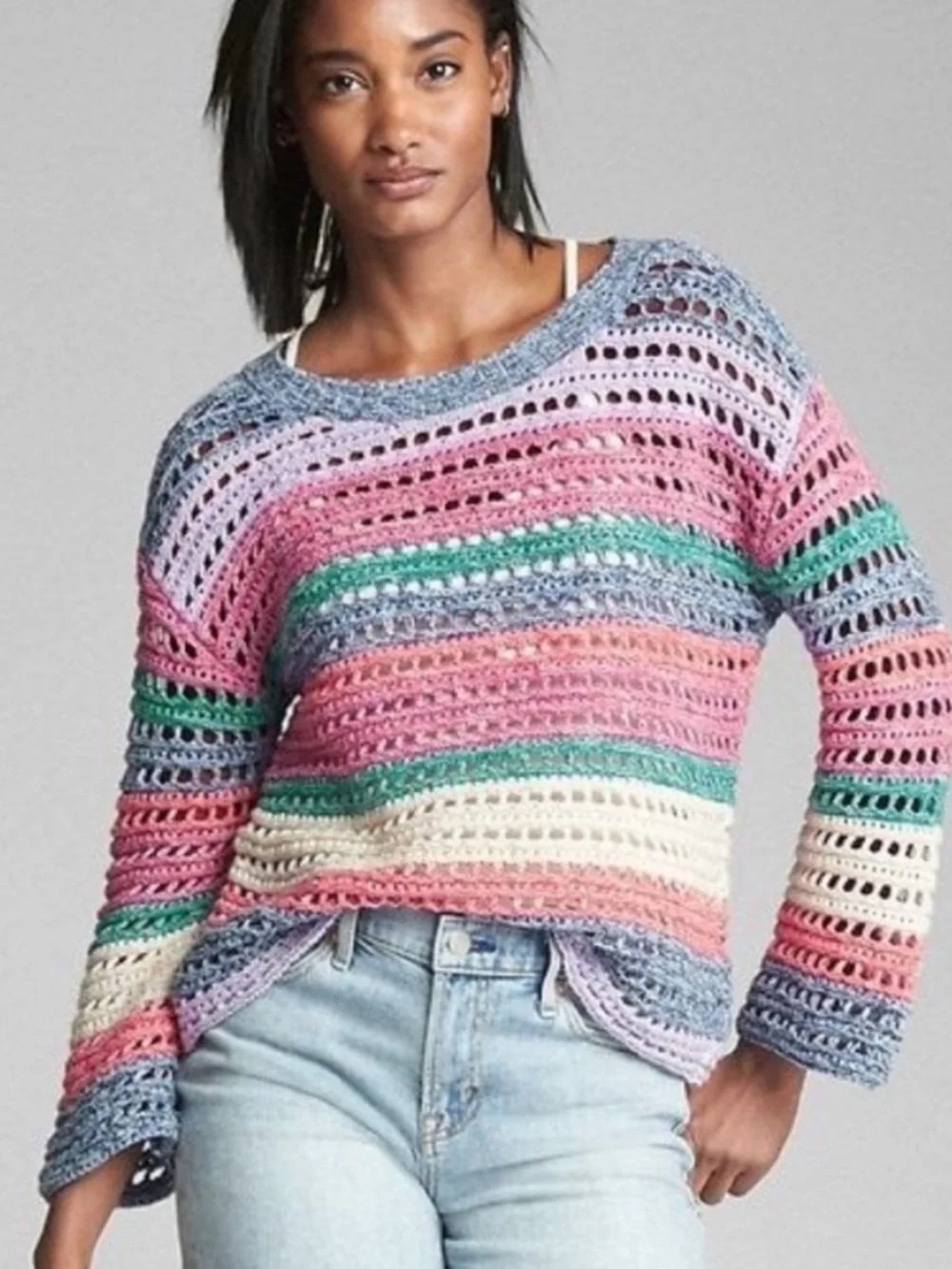 GAP Multi Color Long Bell Sleeve Crochet Pullover Cotton Colorful Sweater Small